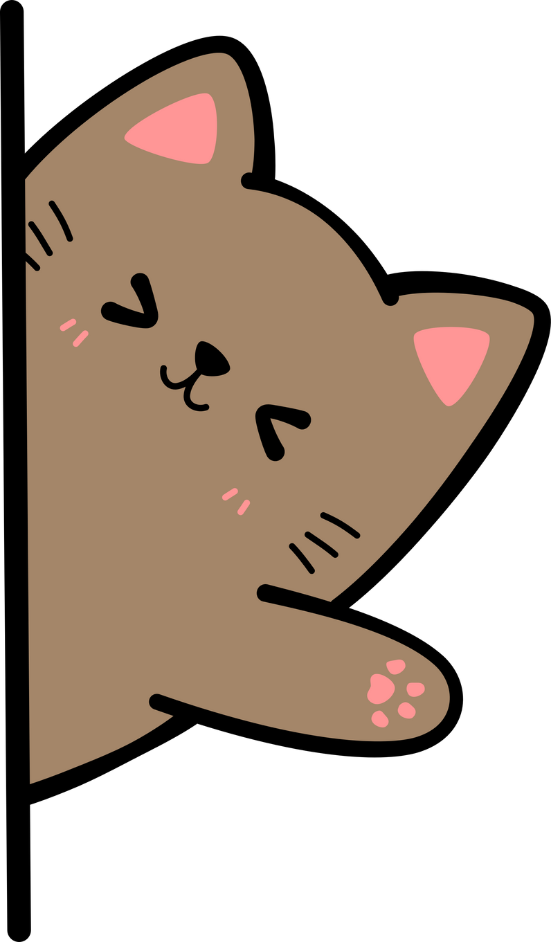 brown cat sneak behind wall waving hand flat cartoon doodle element